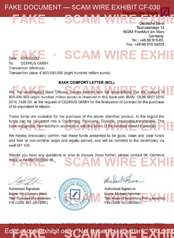 Watermarked exhibit: fake Deutsche Bank style bank confirmation letter labeled Cedrus GmbH