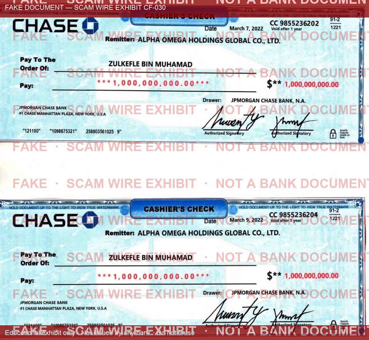 Watermarked exhibit: fake JPMorgan-style cashier's check image