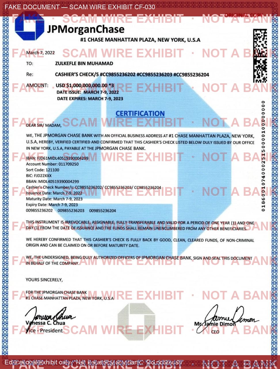 Watermarked exhibit: fake JPMorgan-style certification document labeled Alpha Omega Holdings