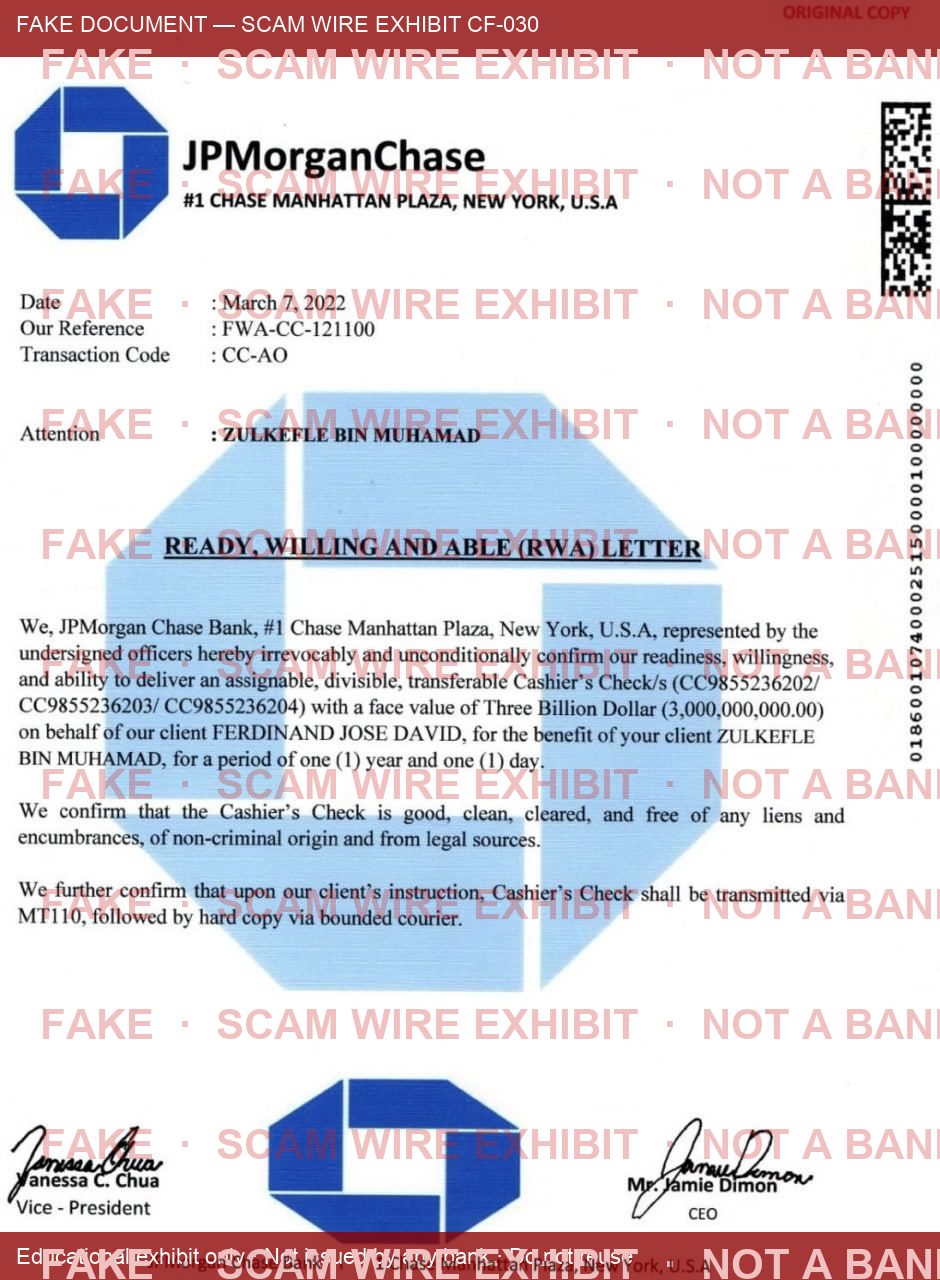 Watermarked exhibit: fake Ready Willing and Able letter on JPMorgan-style branding