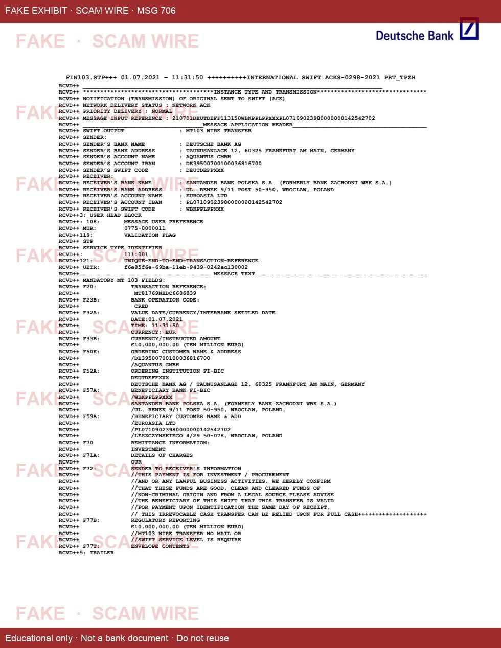 Watermarked fake MT103 document using Deutsche Bank style BIC decoration