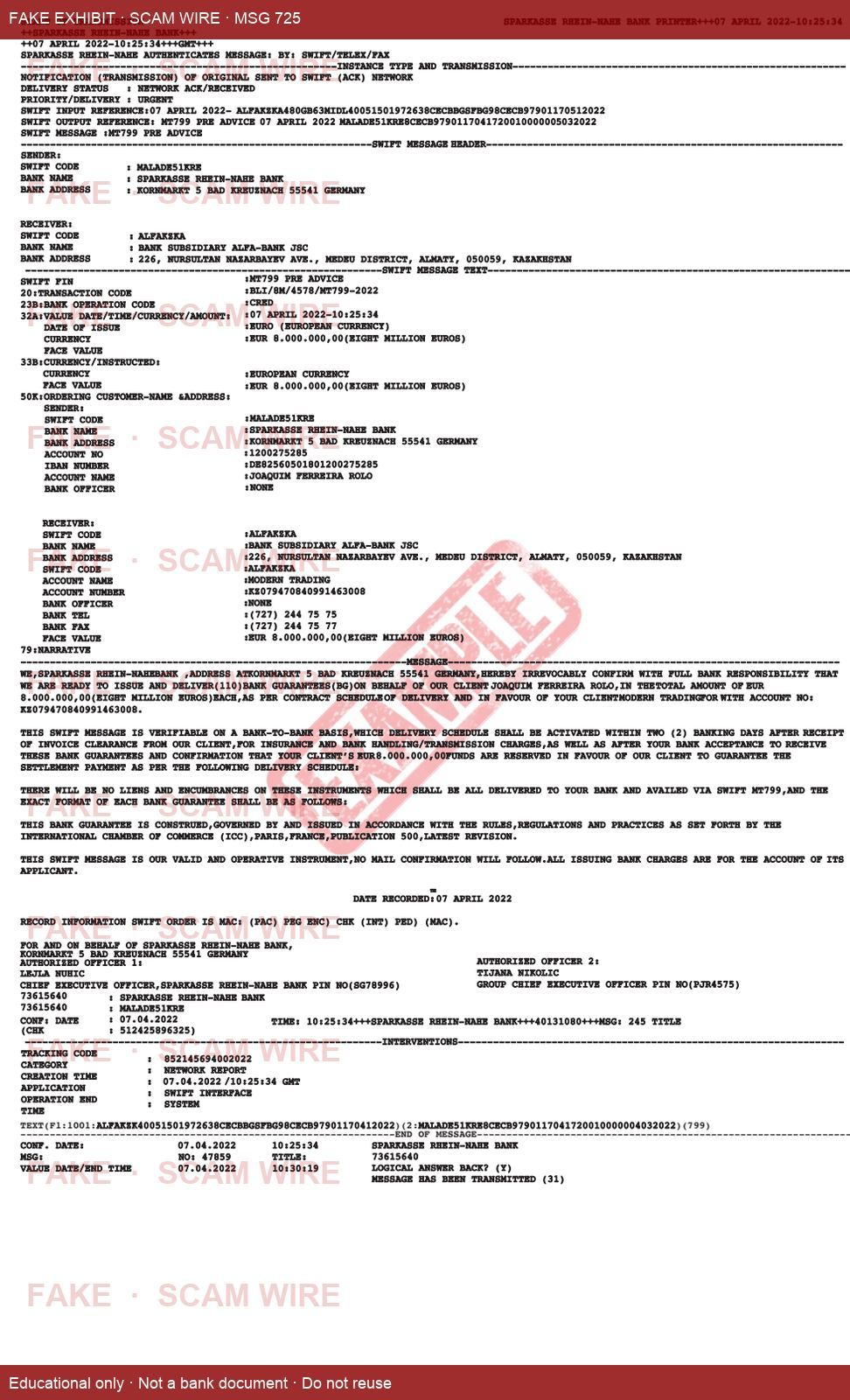 Watermarked fake MT799 pre-advice exhibit