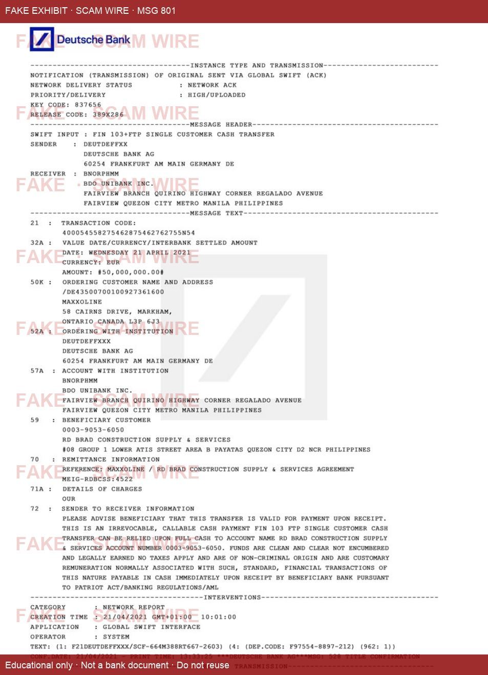 Watermarked fake SWIFT MT103 style document exhibit claiming multi-million transfer