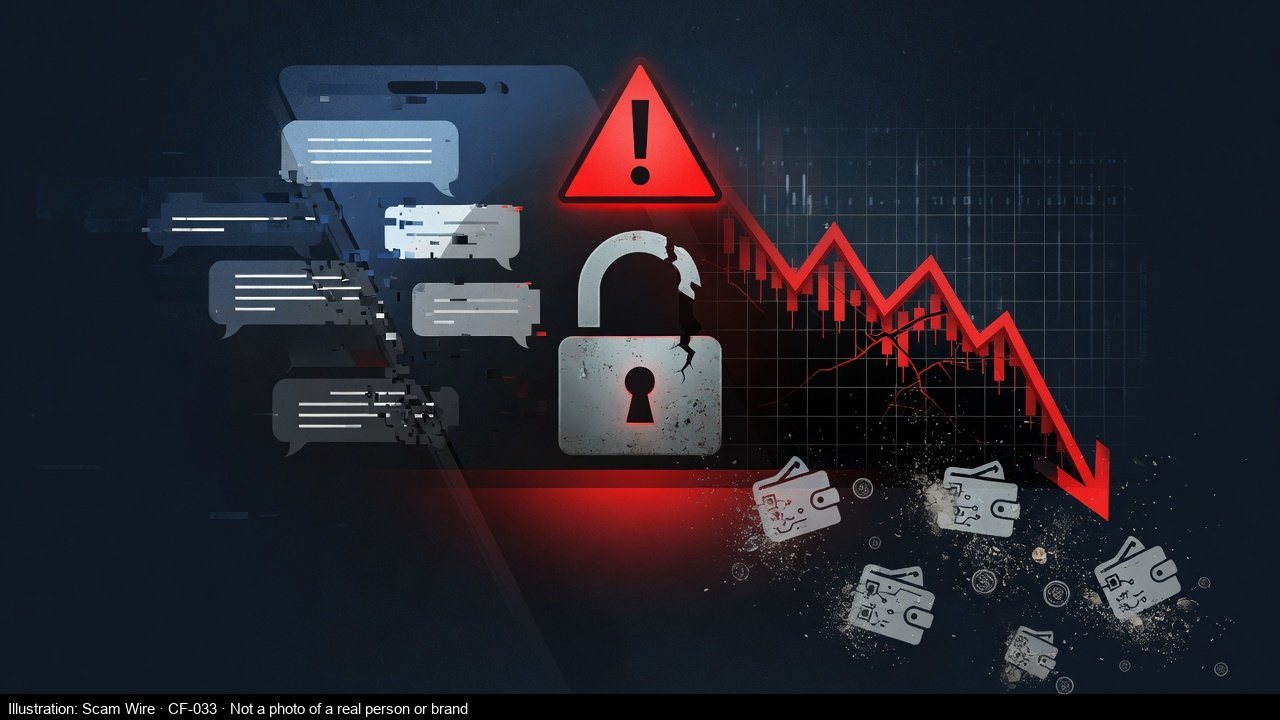 Editorial illustration of smartphone investment chat turning into fraud warning