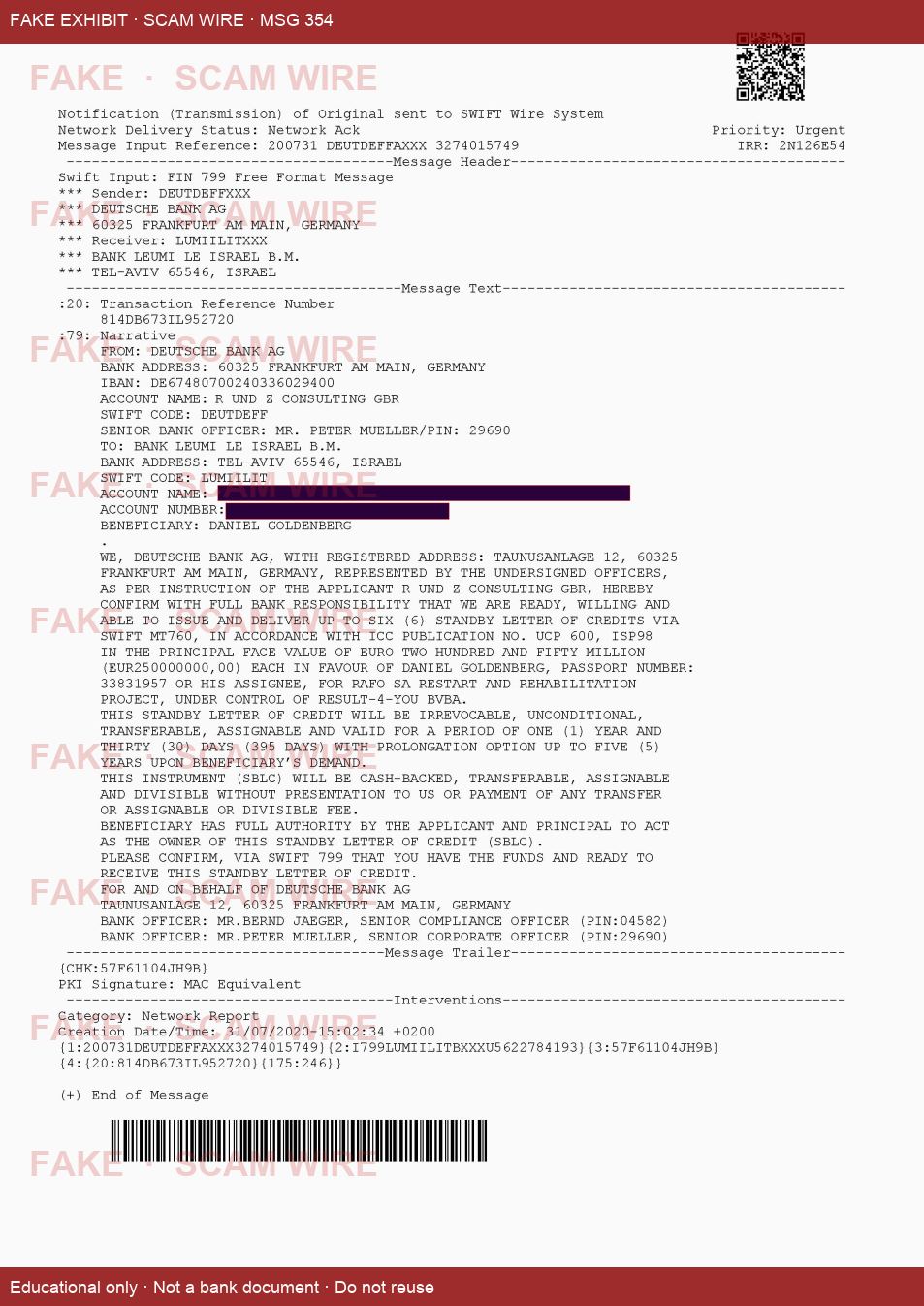 FAKE exhibit PDF SWIFT_FIN_799_SBLC_250ME_DB_31_07_2020_R_UND_Z_CONSULTING_GBR_DE.pdf